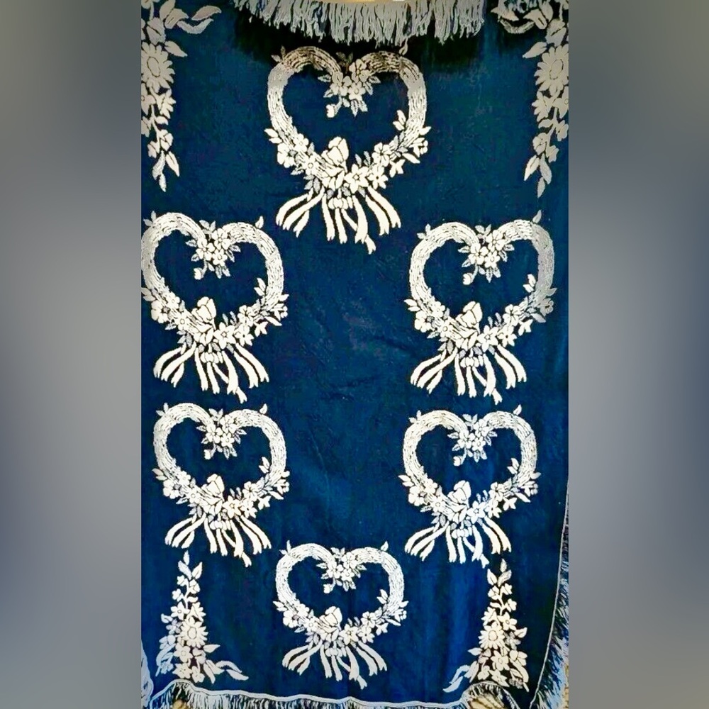 Heart Throw Blanket Reversible Country Floral Hearts Tapestry Navy Blue White